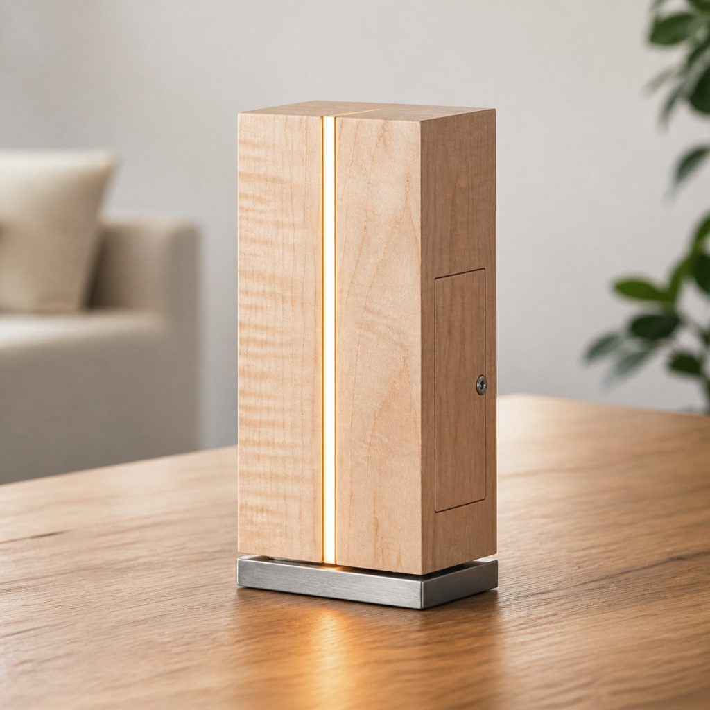 Maple Light-Seam Block Lamp shown as an original square photorealistic wooden accent lamp with real wood grain, warm LED light, and physically plausible support