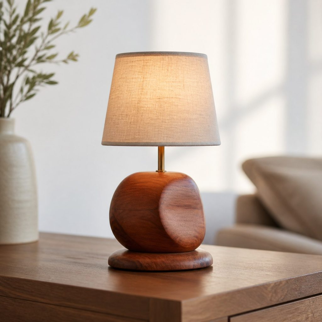 Cherry Pebble Accent Lamp shown as an original square photorealistic wooden accent lamp with real wood grain, warm LED light, and physically plausible support