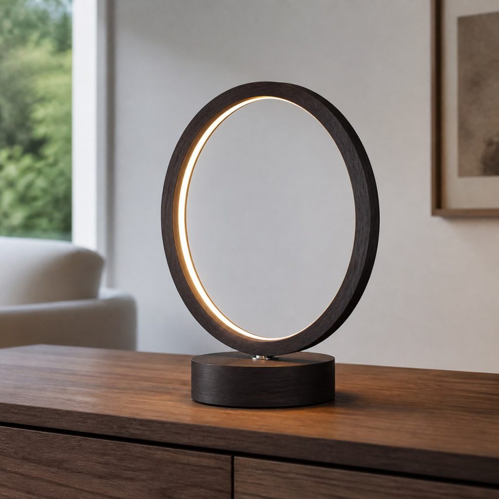 Dark-Ash Halo Accent Lamp shown as an original square photorealistic wooden accent lamp with real wood grain, warm LED light, and physically plausible support