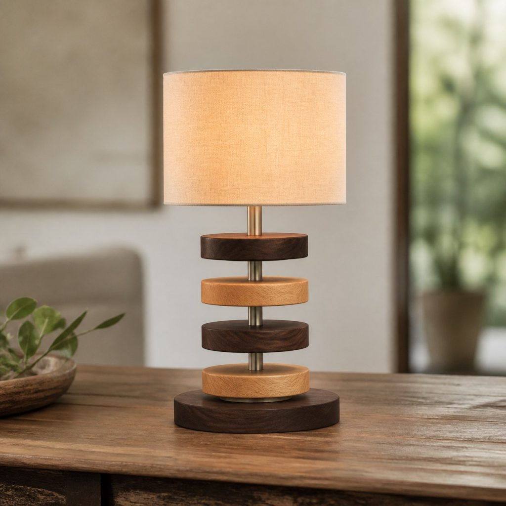 Two-Tone Stacked-Disc Lamp shown as an original square photorealistic wooden accent lamp with real wood grain, warm LED light, and physically plausible support