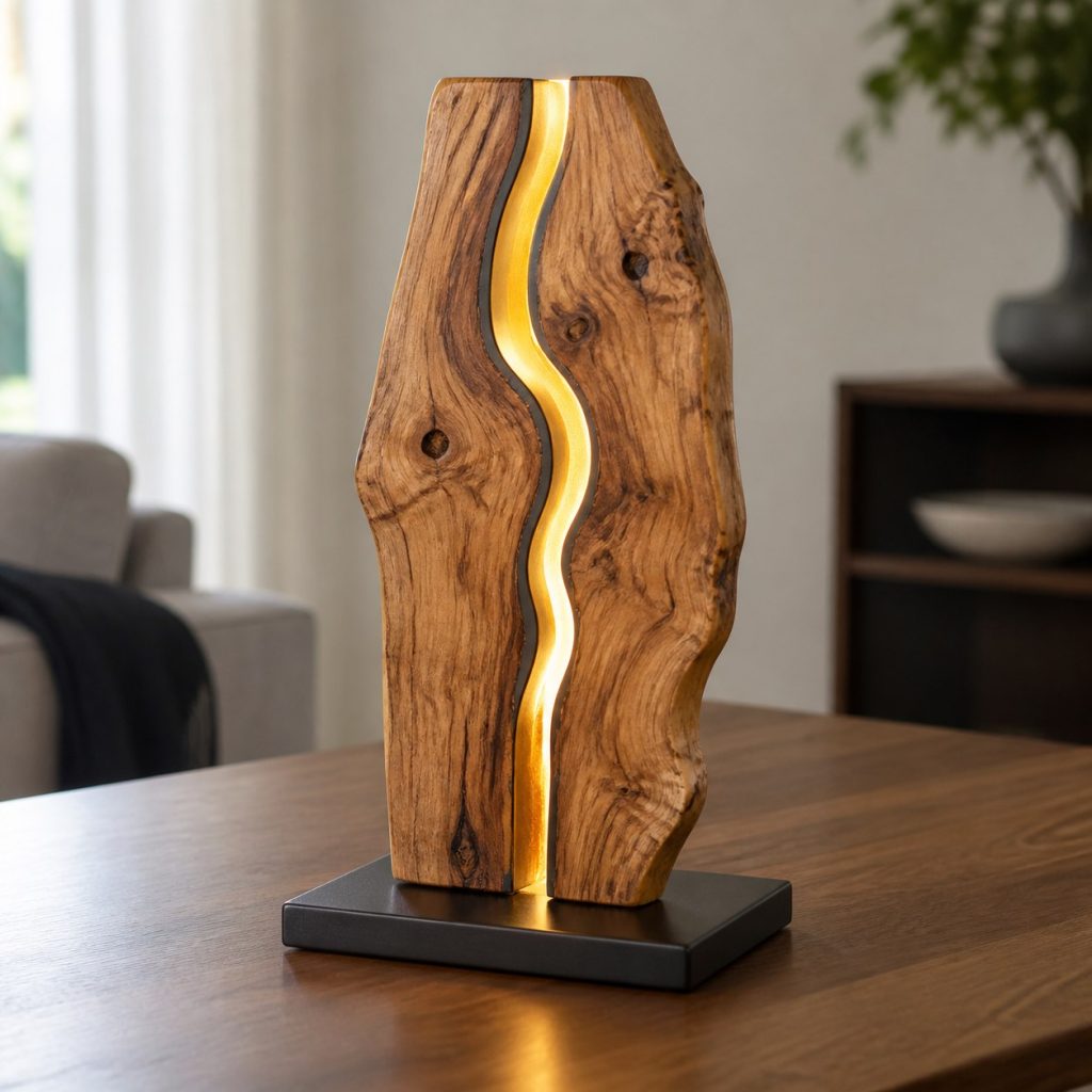Live-Edge Olive-Wood Accent Lamp shown as an original square photorealistic wooden accent lamp with real wood grain, warm LED light, and physically plausible support