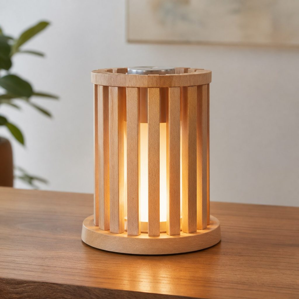 Small Beech Slat Lantern shown as an original square photorealistic wooden accent lamp with real wood grain, warm LED light, and physically plausible support
