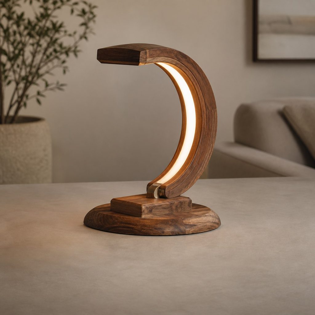 Walnut Crescent Accent Lamp shown as an original square photorealistic wooden accent lamp with real wood grain, warm LED light, and physically plausible support