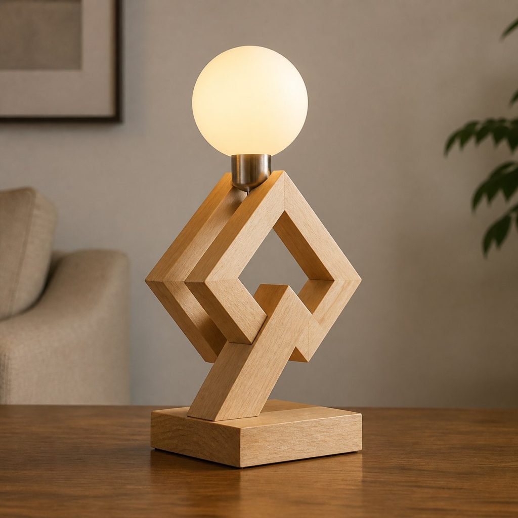 Geometric Maple Frame Accent Lamp shown as an original square photorealistic wooden accent lamp with real wood grain, warm LED light, and physically plausible support