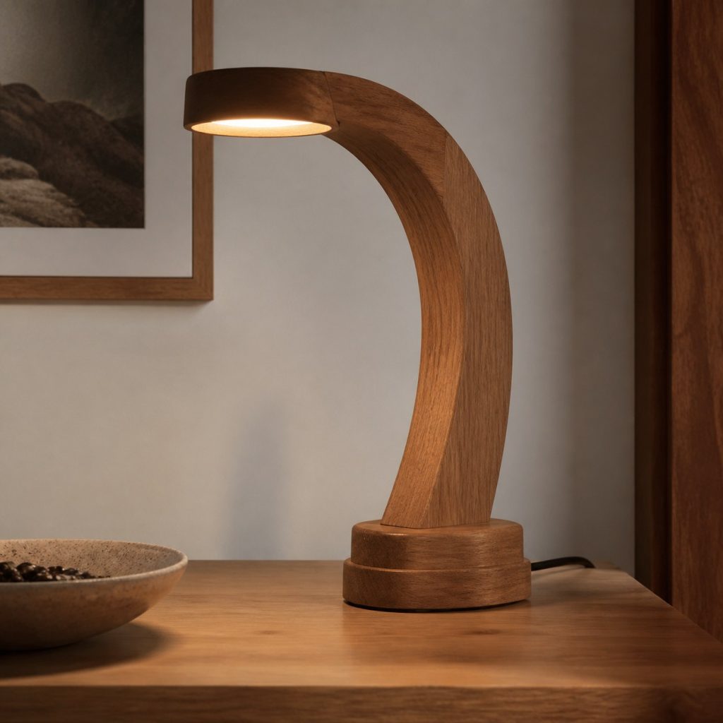 Oak Recessed-Light Arch Lamp shown as an original square photorealistic wooden arch lamp with authentic wood texture, warm diffused light, and a short dark power cord
