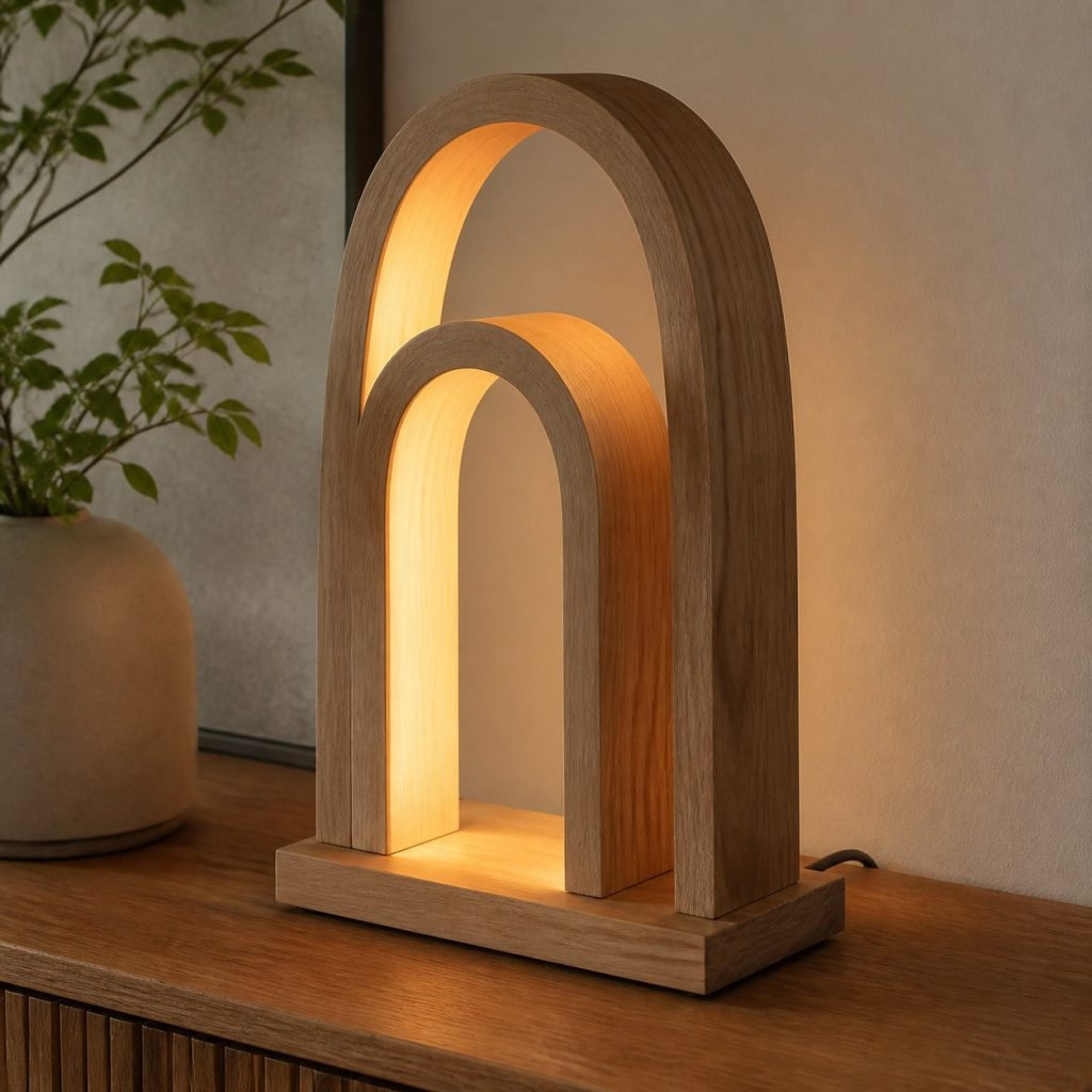 Double-Arch Ash Console Lamp shown as an original square photorealistic wooden arch lamp with authentic wood texture, warm diffused light, and a short dark power cord