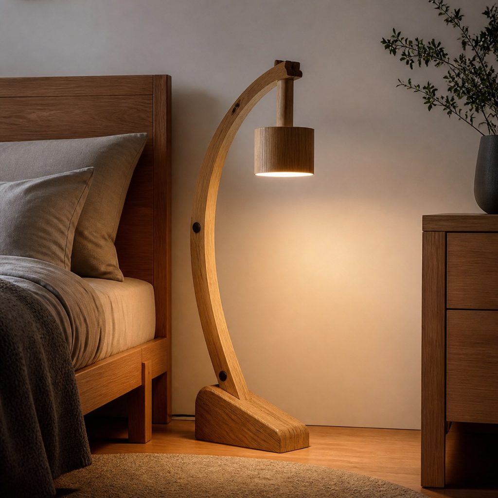 Maple Bedside Arch Lamp shown as an original square photorealistic wooden arch lamp with authentic wood texture, warm diffused light, and a short dark power cord