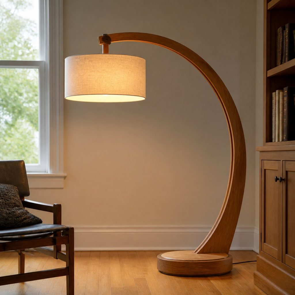 Wide Oak Desk Arch Lamp shown as an original square photorealistic wooden arch lamp with authentic wood texture, warm diffused light, and a short dark power cord