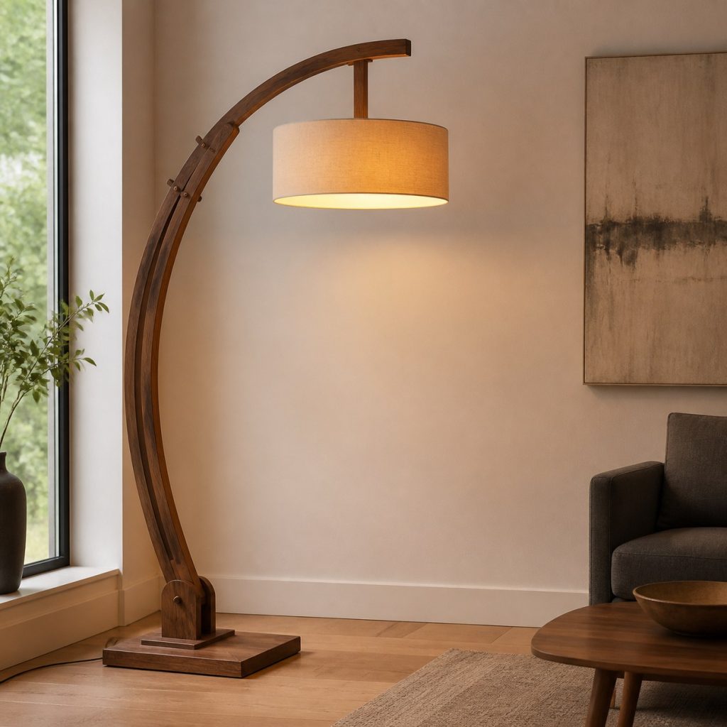 Sculptural Walnut Floor Arch shown as an original square photorealistic wooden arch lamp with authentic wood texture, warm diffused light, and a short dark power cord
