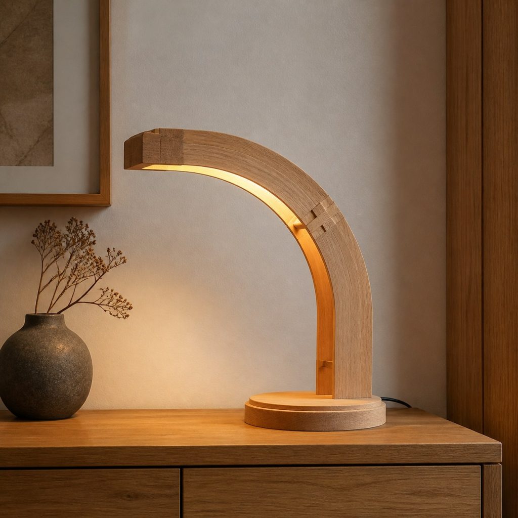Compact Beech Accent Arch shown as an original square photorealistic wooden arch lamp with authentic wood texture, warm diffused light, and a short dark power cord