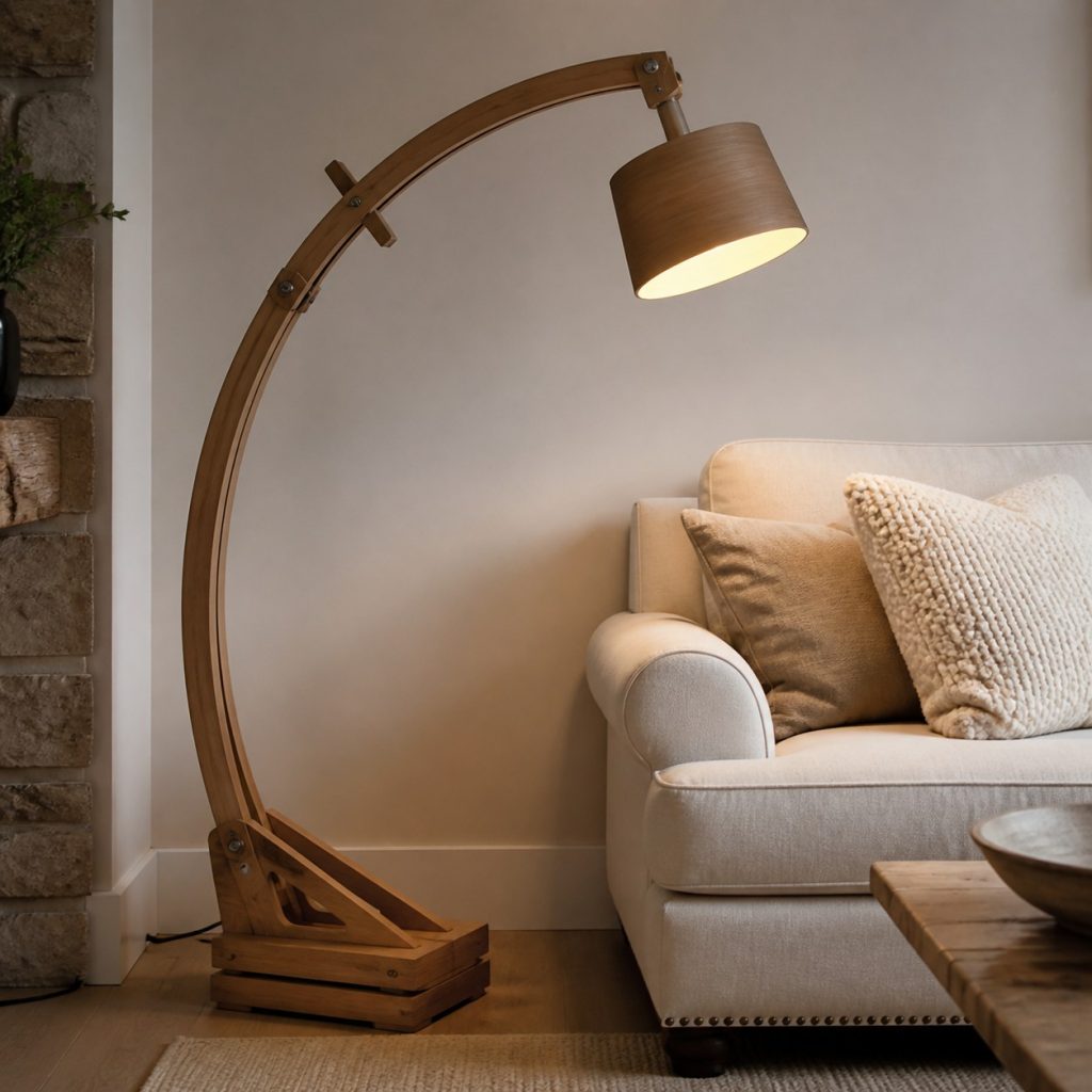 Timber Adjustable Reading Arch shown as an original square photorealistic wooden arch lamp with authentic wood texture, warm diffused light, and a short dark power cord