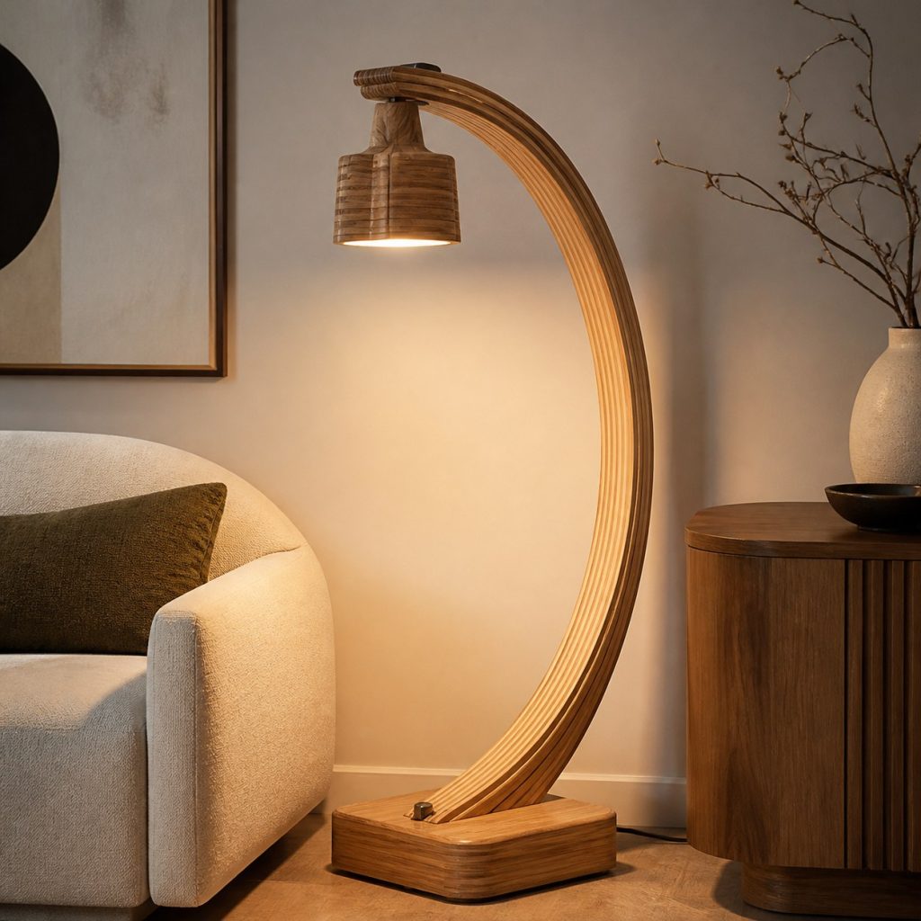 Layered Plywood Arch Lamp shown as an original square photorealistic wooden arch lamp with authentic wood texture, warm diffused light, and a short dark power cord