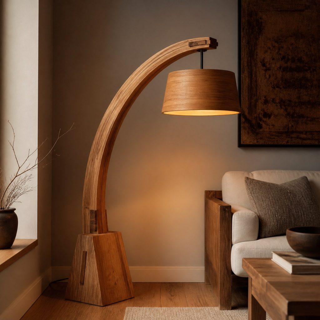 Elm Arch with Wooden Shade shown as an original square photorealistic wooden arch lamp with authentic wood texture, warm diffused light, and a short dark power cord
