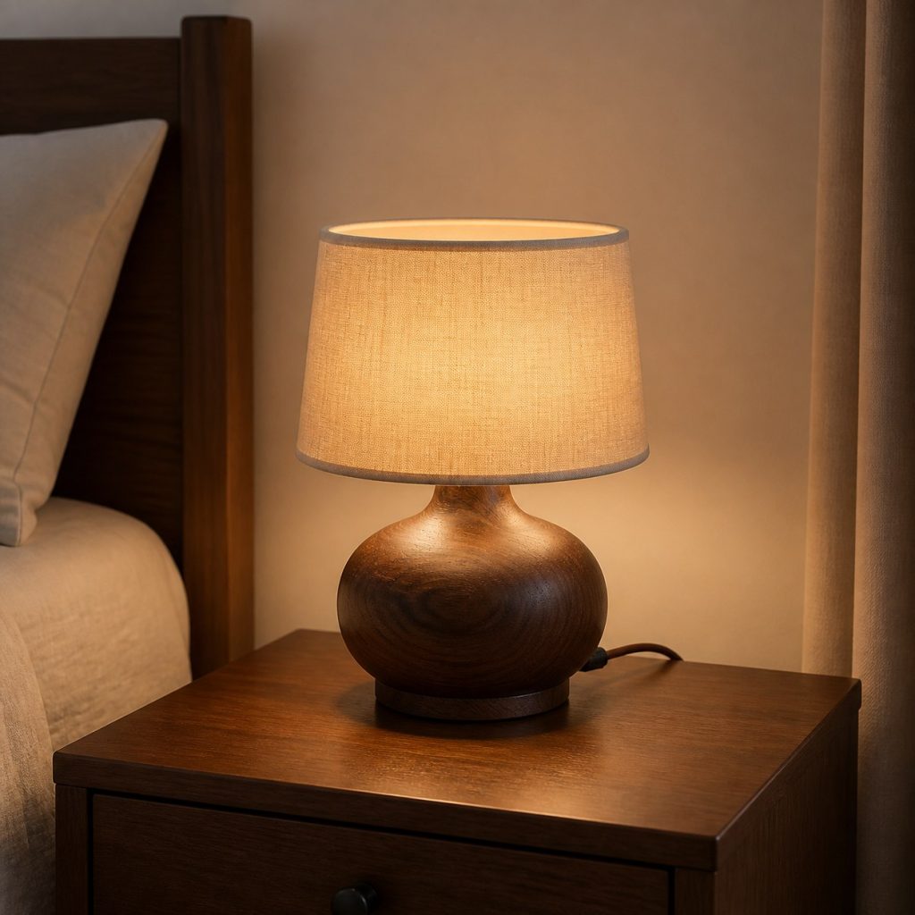 Low Rounded Walnut Bedside Lamp shown as a square photorealistic original wooden bedside table lamp with warm LED light, visible real wood grain, and physically plausible support
