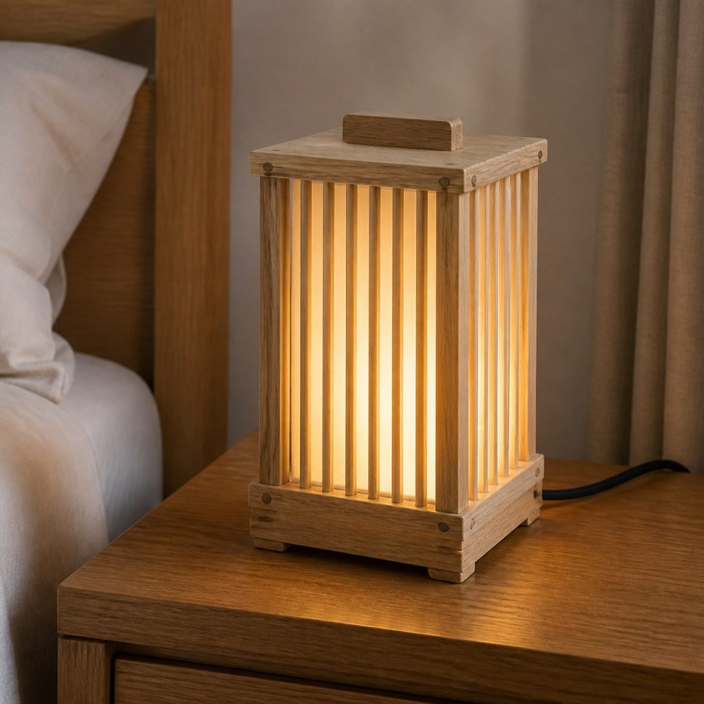 White-Oak Slatted Bedside Lantern shown as a square photorealistic original wooden bedside table lamp with warm LED light, visible real wood grain, and physically plausible support