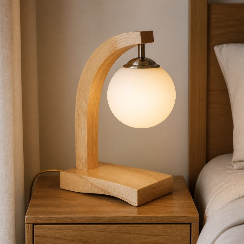Maple Arch Globe Bedside Lamp shown as a square photorealistic original wooden bedside table lamp with warm LED light, visible real wood grain, and physically plausible support
