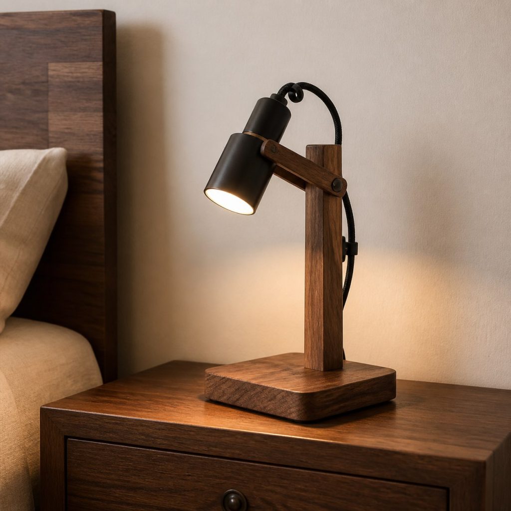 Walnut Pivoting Bedside Task Lamp shown as a square photorealistic original wooden bedside table lamp with warm LED light, visible real wood grain, and physically plausible support
