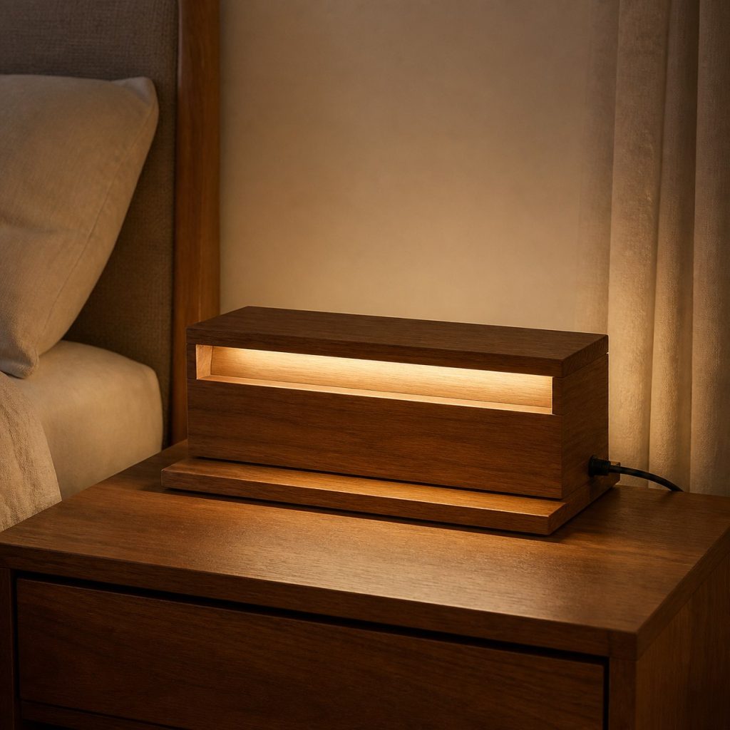 Low Ash Light-Bar Lamp shown as a square photorealistic original wooden bedside table lamp with warm LED light, visible real wood grain, and physically plausible support