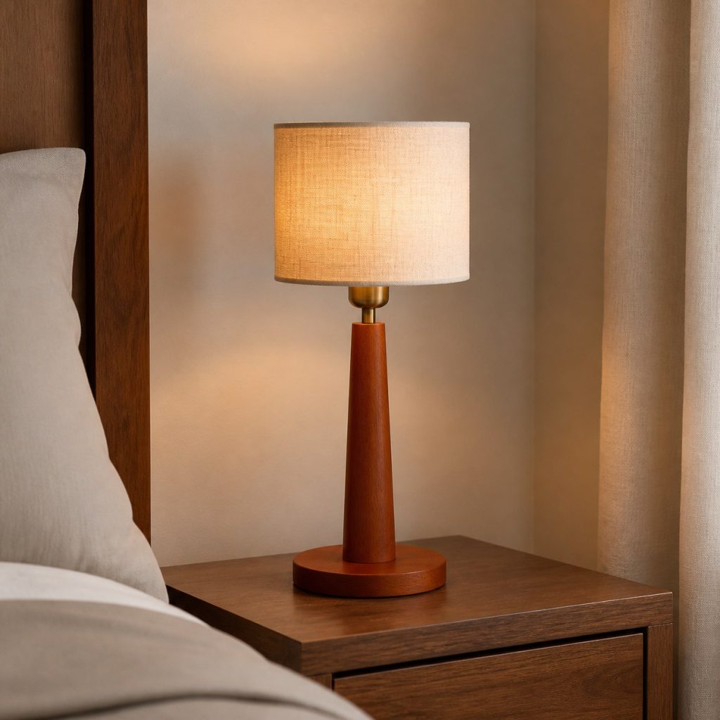 Cherry Tapered Bedside Lamp shown as a square photorealistic original wooden bedside table lamp with warm LED light, visible real wood grain, and physically plausible support