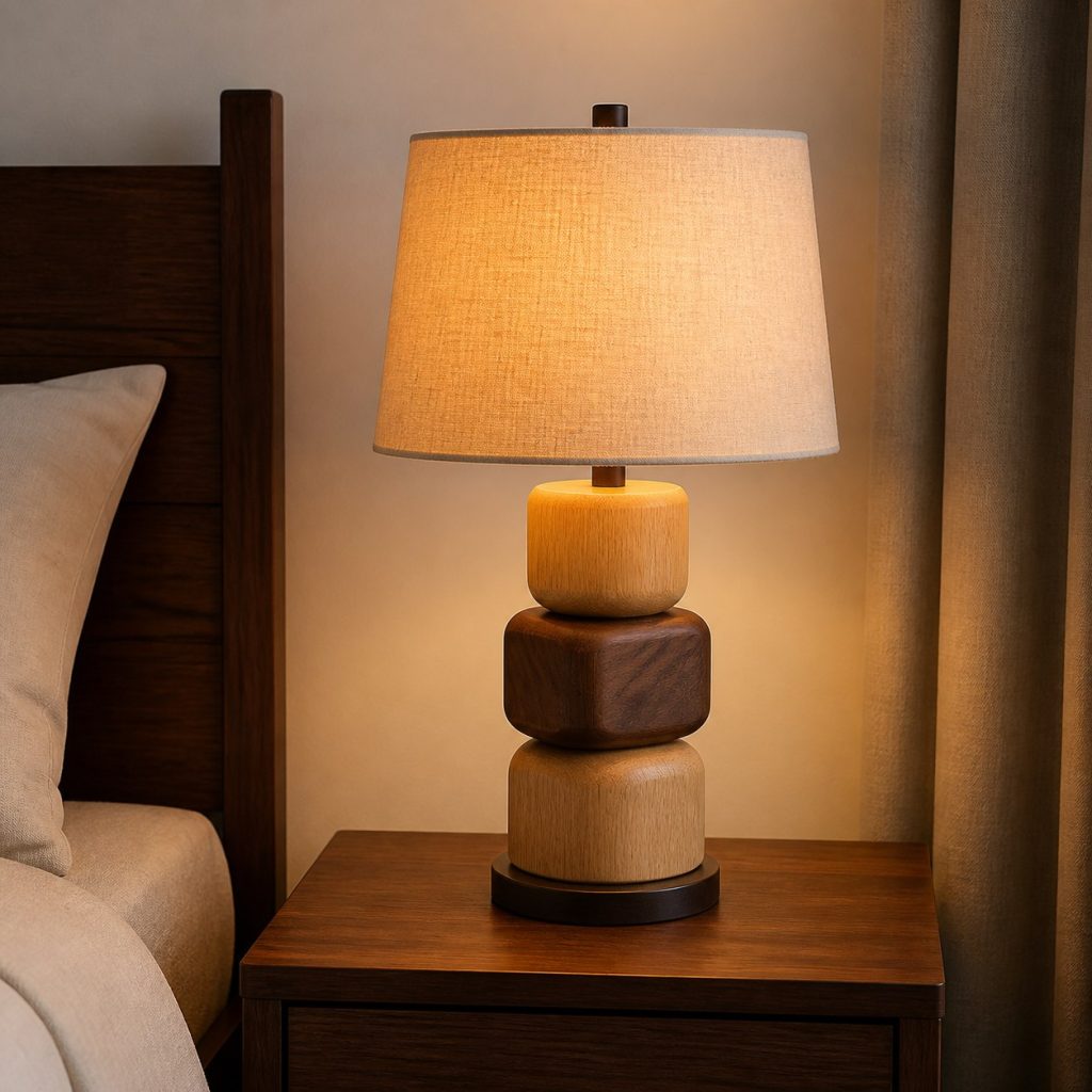 Two-Tone Stacked-Block Lamp shown as a square photorealistic original wooden bedside table lamp with warm LED light, visible real wood grain, and physically plausible support