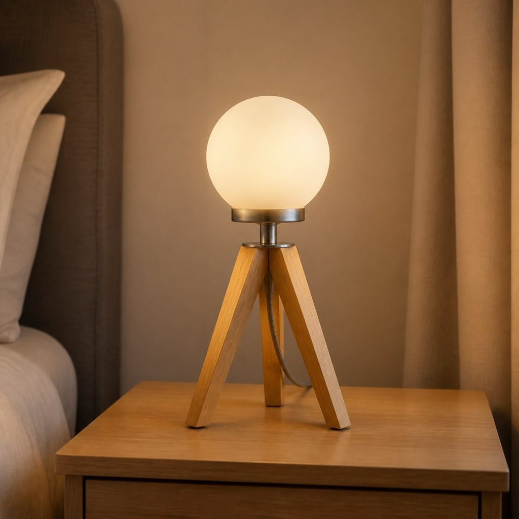 Beech Tripod Bedside Lamp shown as a square photorealistic original wooden bedside table lamp with warm LED light, visible real wood grain, and physically plausible support