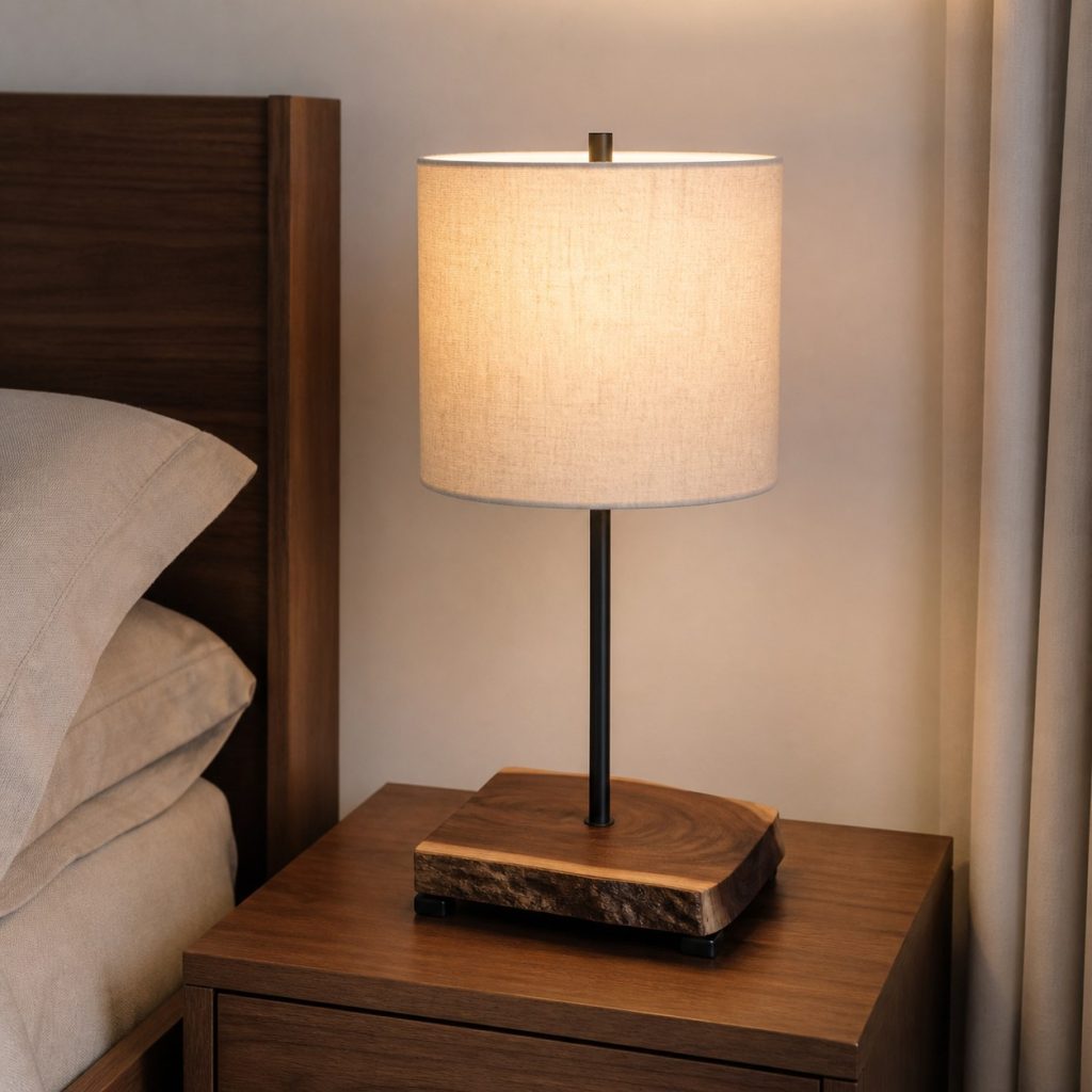 Live-Edge Walnut Bedside Lamp shown as a square photorealistic original wooden bedside table lamp with warm LED light, visible real wood grain, and physically plausible support