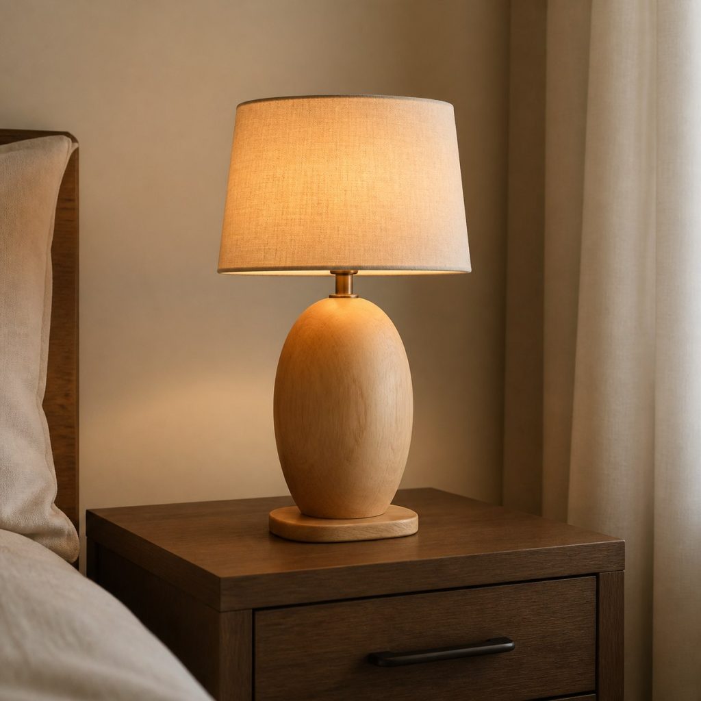 Carved Maple Oval Bedside Lamp shown as a square photorealistic original wooden bedside table lamp with warm LED light, visible real wood grain, and physically plausible support