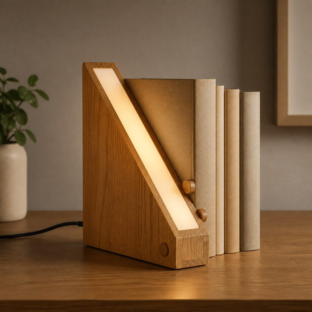 Oak Wedge Bookend Lamp shown as an original square photorealistic wooden bookend lamp with believable joinery, warm diffused light, and protected hardware