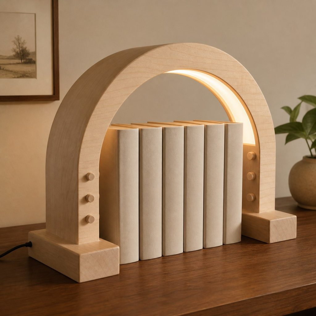 Maple Arch-Tunnel Bookend Lamp shown as an original square photorealistic wooden bookend lamp with believable joinery, warm diffused light, and protected hardware