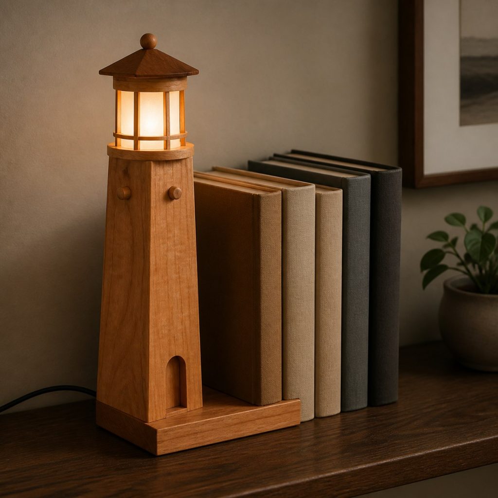 Cherry Tower Bookend Lamp shown as an original square photorealistic wooden bookend lamp with believable joinery, warm diffused light, and protected hardware