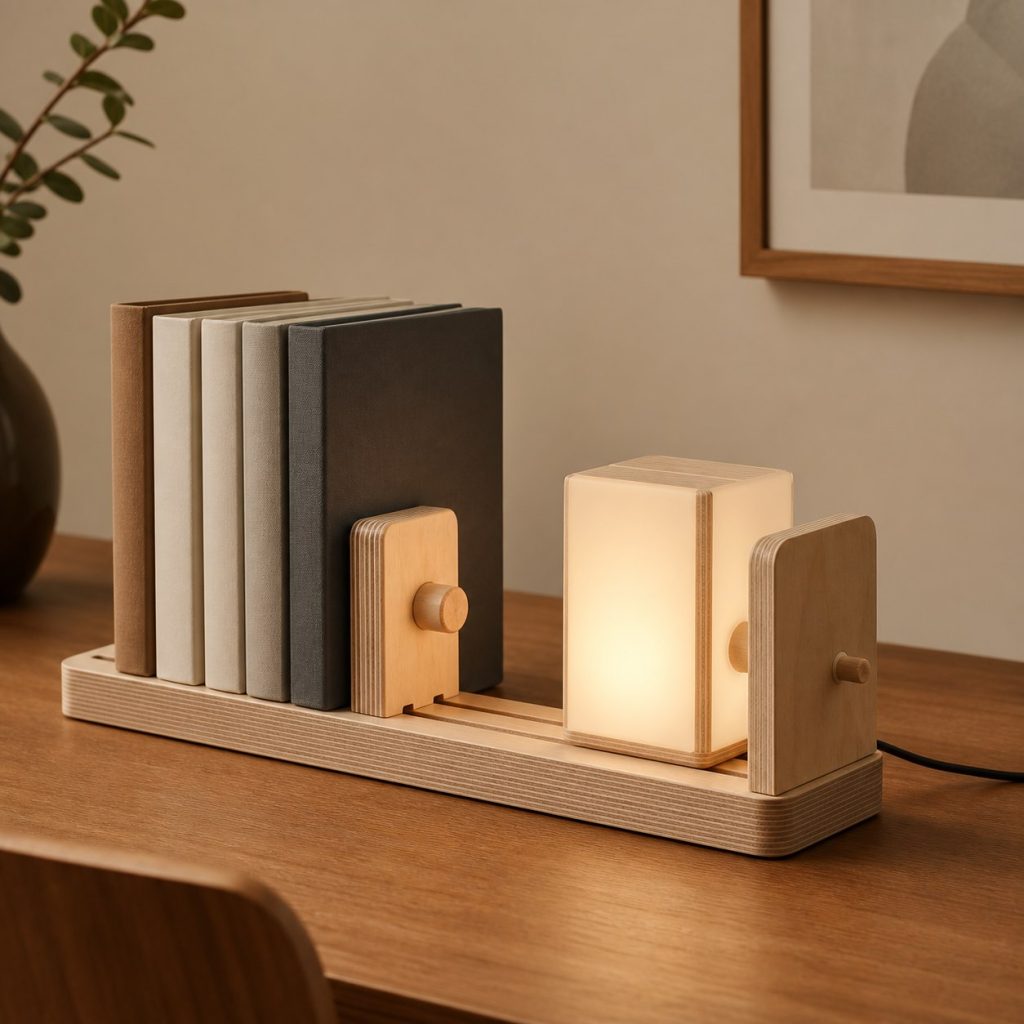 Sliding Plywood Bookend Lamp shown as an original square photorealistic wooden bookend lamp with believable joinery, warm diffused light, and protected hardware