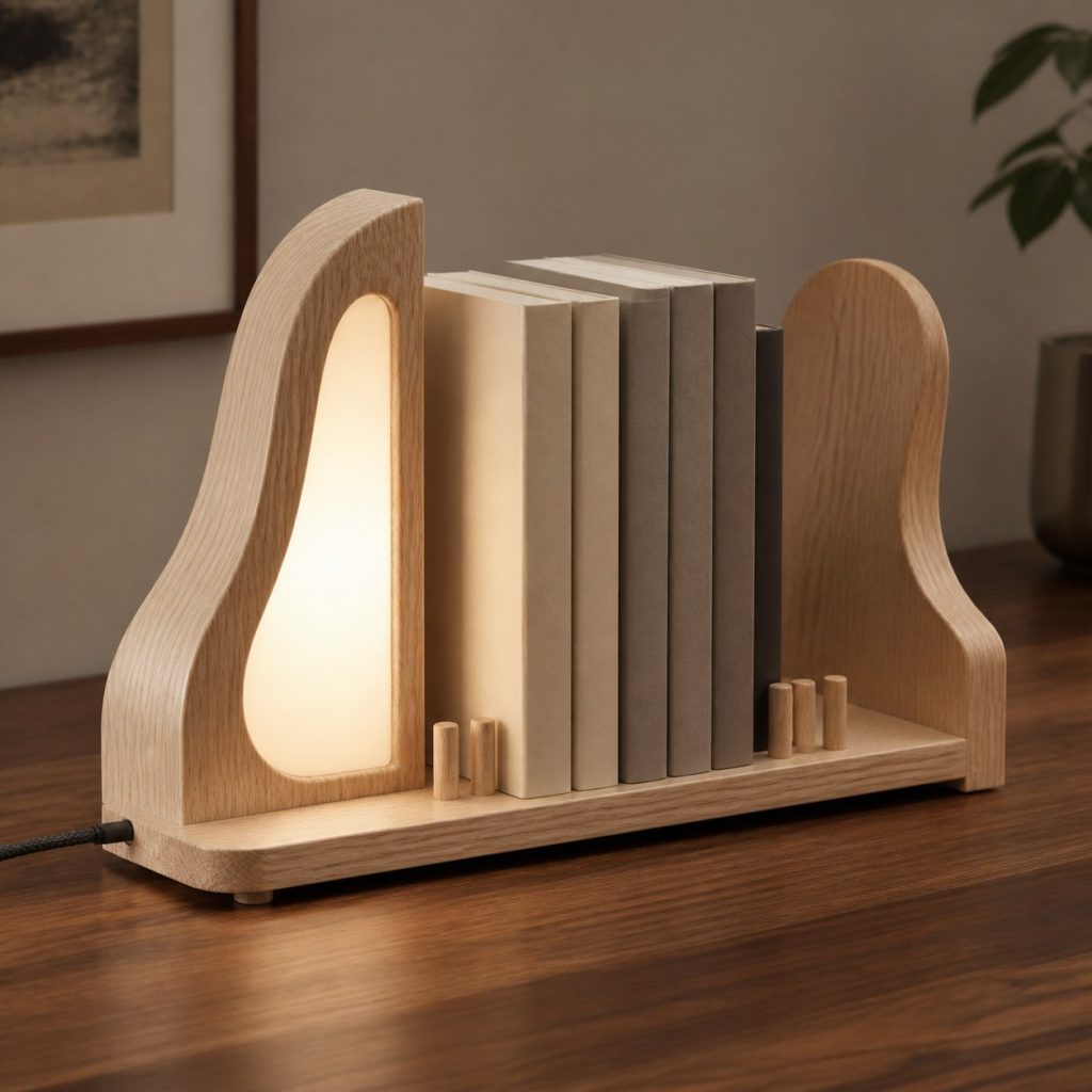 Ash Wave Bookend Lamp shown as an original square photorealistic wooden bookend lamp with believable joinery, warm diffused light, and protected hardware