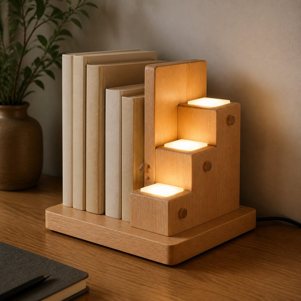 Beech Stair Bookend Lamp shown as an original square photorealistic wooden bookend lamp with believable joinery, warm diffused light, and protected hardware