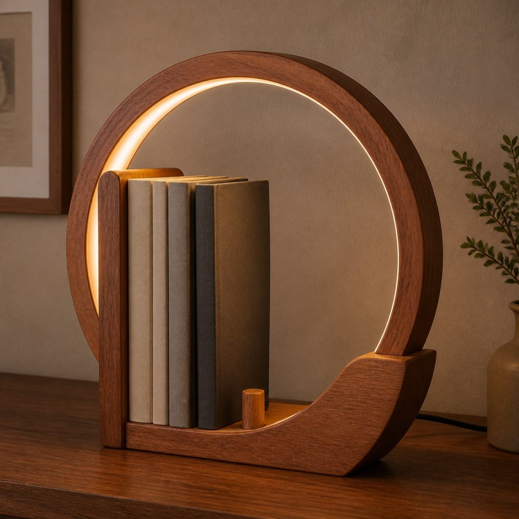 Sapele Portal Bookend Lamp shown as an original square photorealistic wooden bookend lamp with believable joinery, warm diffused light, and protected hardware