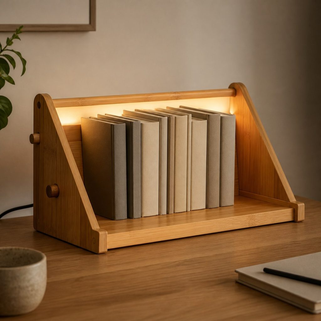 Bamboo Book-Cradle Lamp shown as an original square photorealistic wooden bookend lamp with believable joinery, warm diffused light, and protected hardware