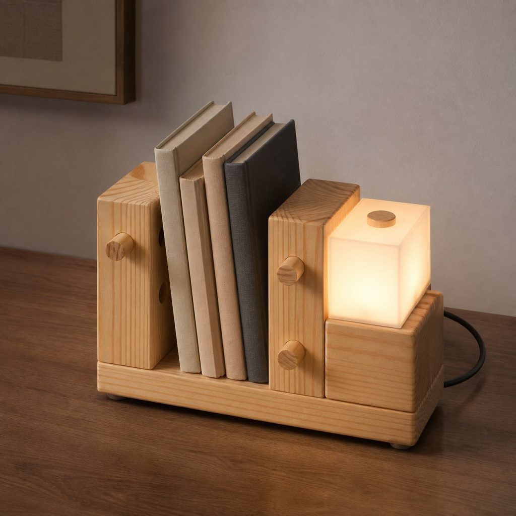 Pine Modular Bookend Lamp shown as an original square photorealistic wooden bookend lamp with believable joinery, warm diffused light, and protected hardware