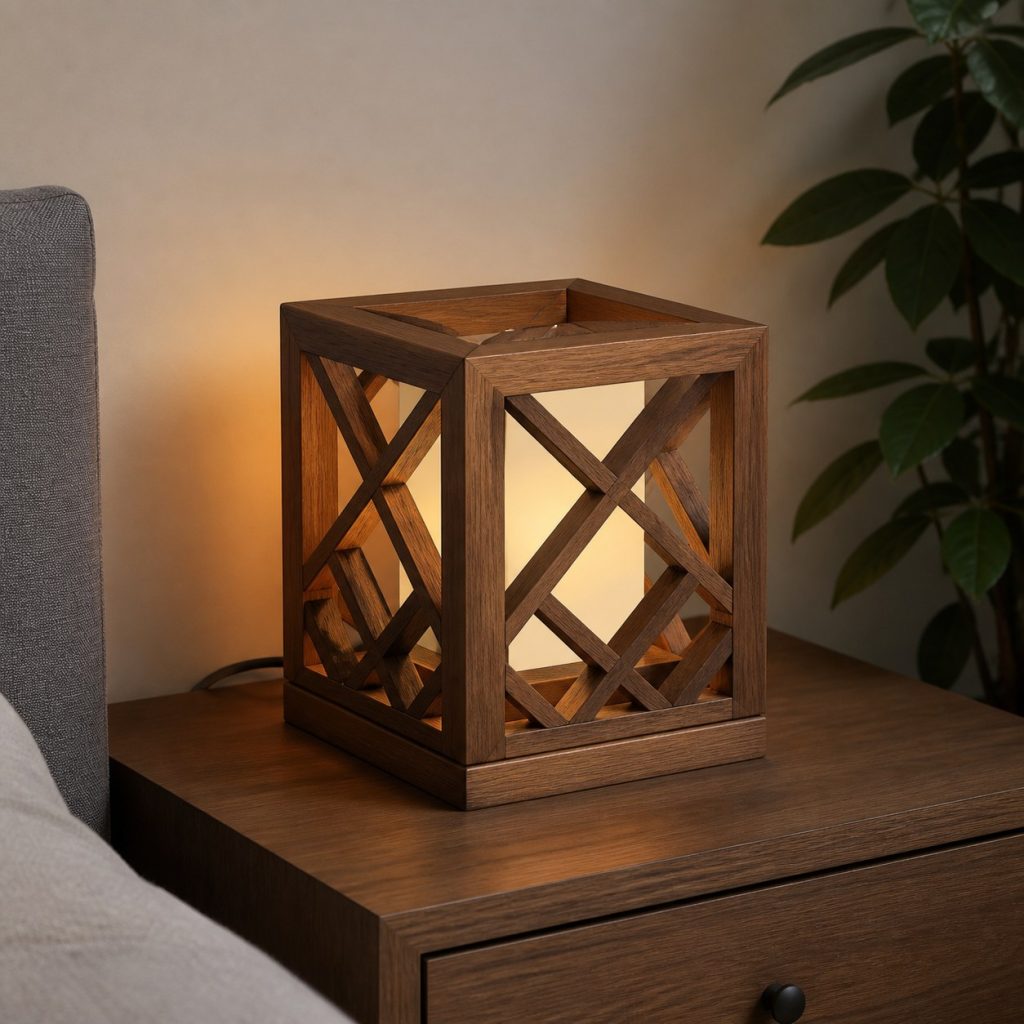 Walnut Geometric Cage Lamp shown as an original square photorealistic wooden cage lamp with authentic wood texture, warm diffused light, and a short dark power cord
