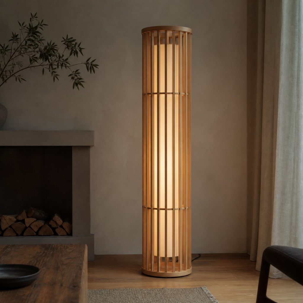 Ash Spindle Cage Floor Lamp shown as an original square photorealistic wooden cage lamp with authentic wood texture, warm diffused light, and a short dark power cord