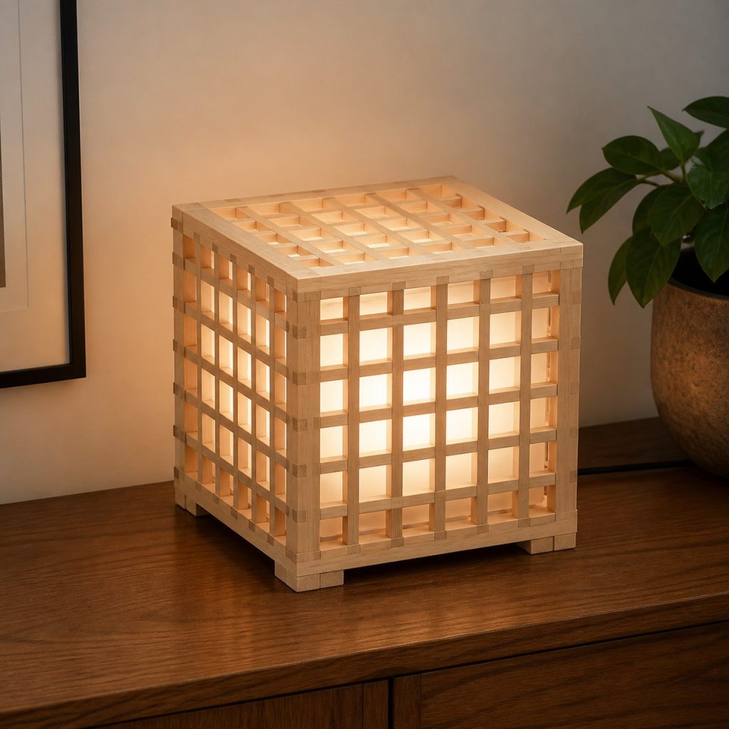 Maple Lattice Cage Lamp shown as an original square photorealistic wooden cage lamp with authentic wood texture, warm diffused light, and a short dark power cord