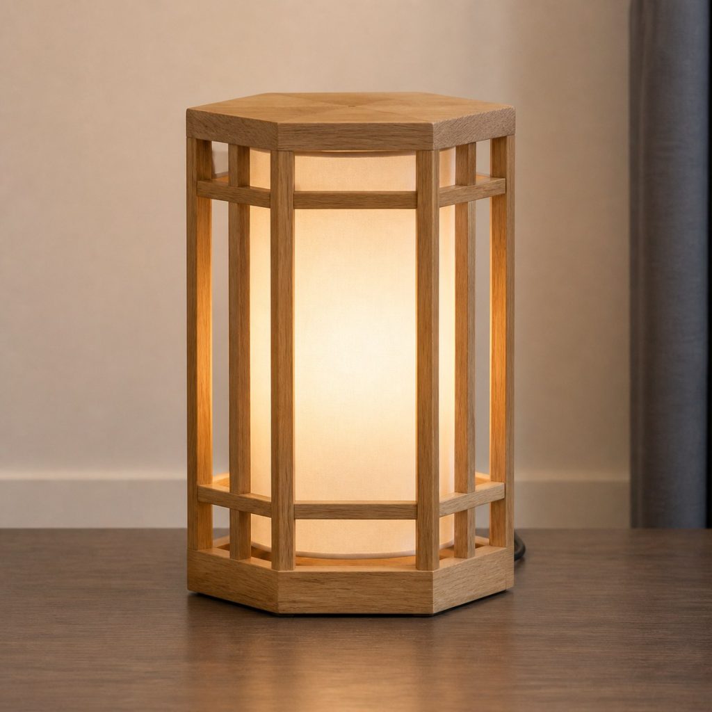 Hexagonal Oak Cage Lamp shown as an original square photorealistic wooden cage lamp with authentic wood texture, warm diffused light, and a short dark power cord