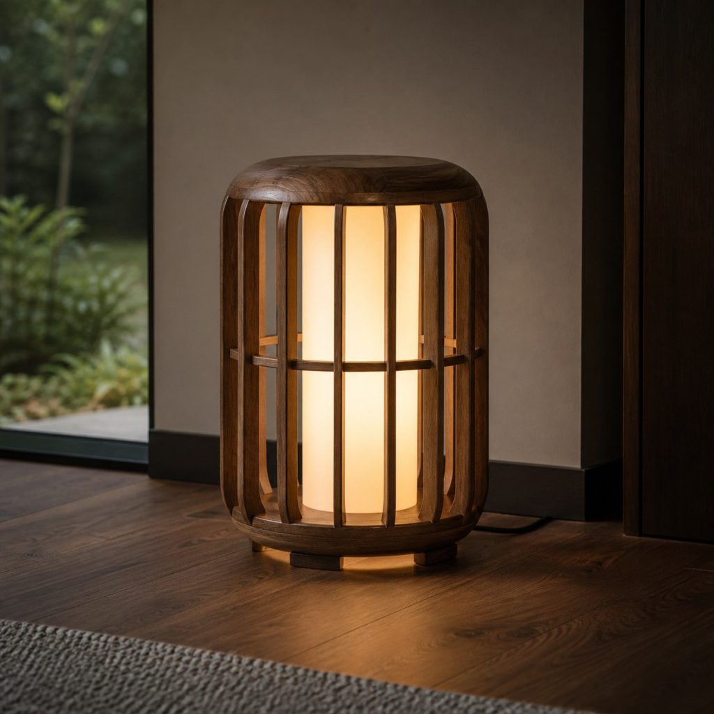 Rounded Walnut Cage Lamp shown as an original square photorealistic wooden cage lamp with authentic wood texture, warm diffused light, and a short dark power cord