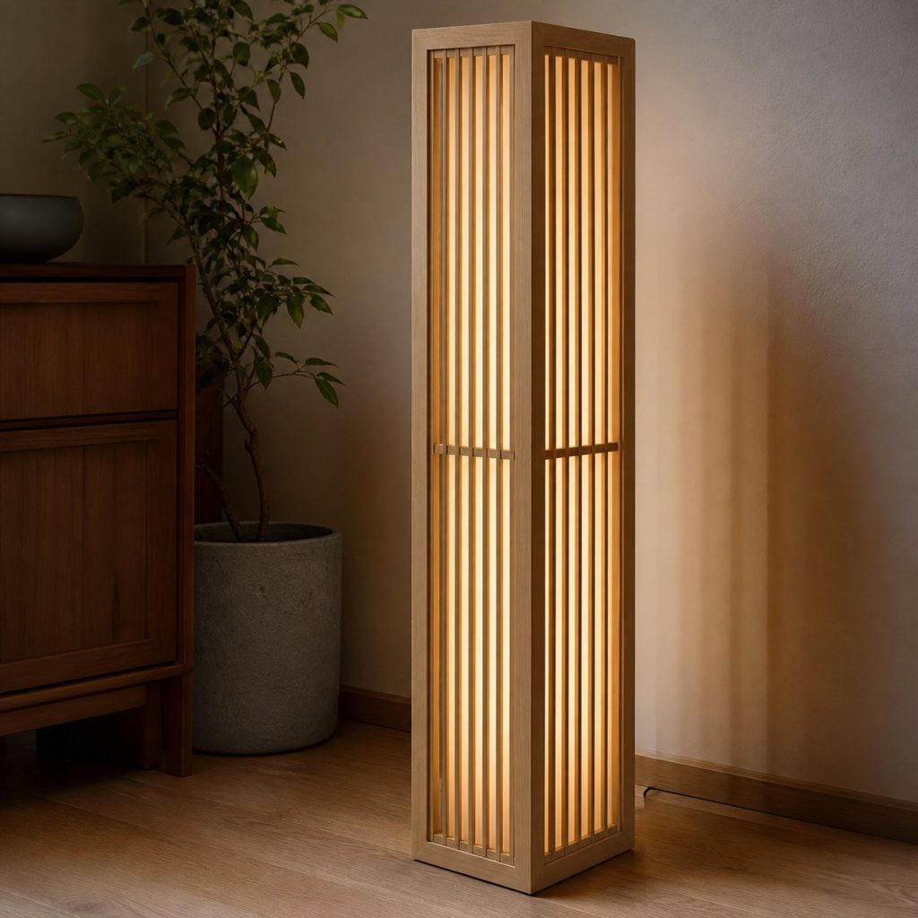Tall Beech Cage Column shown as an original square photorealistic wooden cage lamp with authentic wood texture, warm diffused light, and a short dark power cord