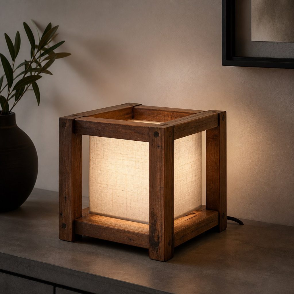 Reclaimed Open-Frame Cage Lamp shown as an original square photorealistic wooden cage lamp with authentic wood texture, warm diffused light, and a short dark power cord
