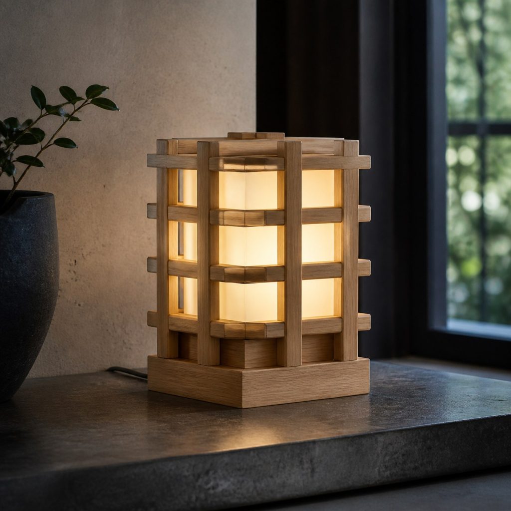 Interlocking Wood Cage Lamp shown as an original square photorealistic wooden cage lamp with authentic wood texture, warm diffused light, and a short dark power cord