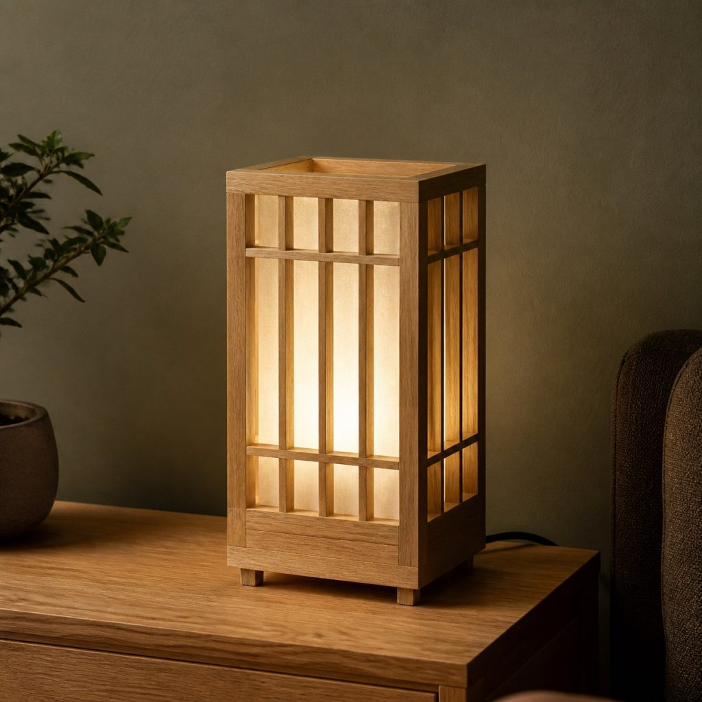 Oak Cage Reading Lamp shown as an original square photorealistic wooden cage lamp with authentic wood texture, warm diffused light, and a short dark power cord