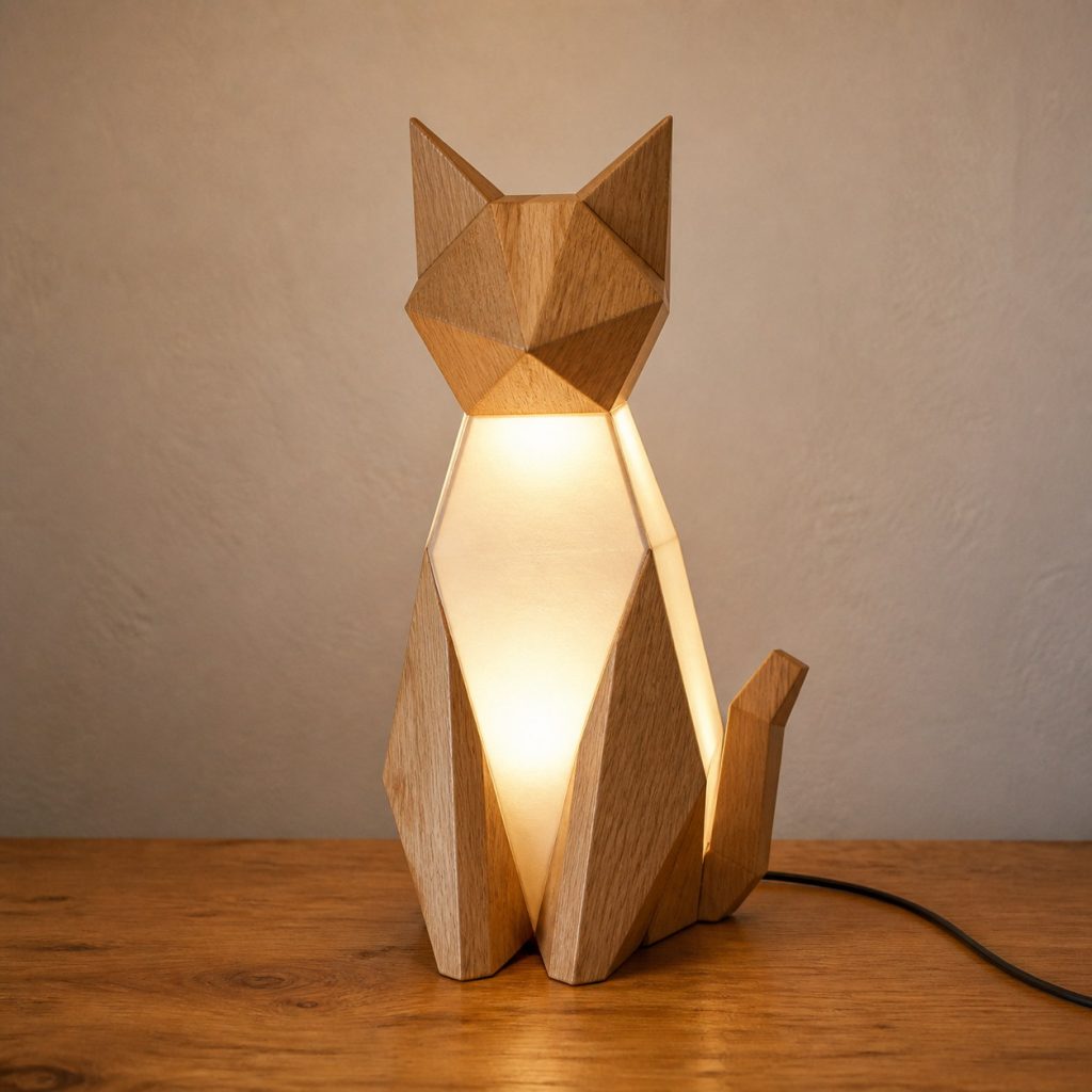 Faceted Cat Glow Lamp shown as an original square photorealistic wooden cat lamp with authentic wood grain, recognizable animal form, and warm diffused light