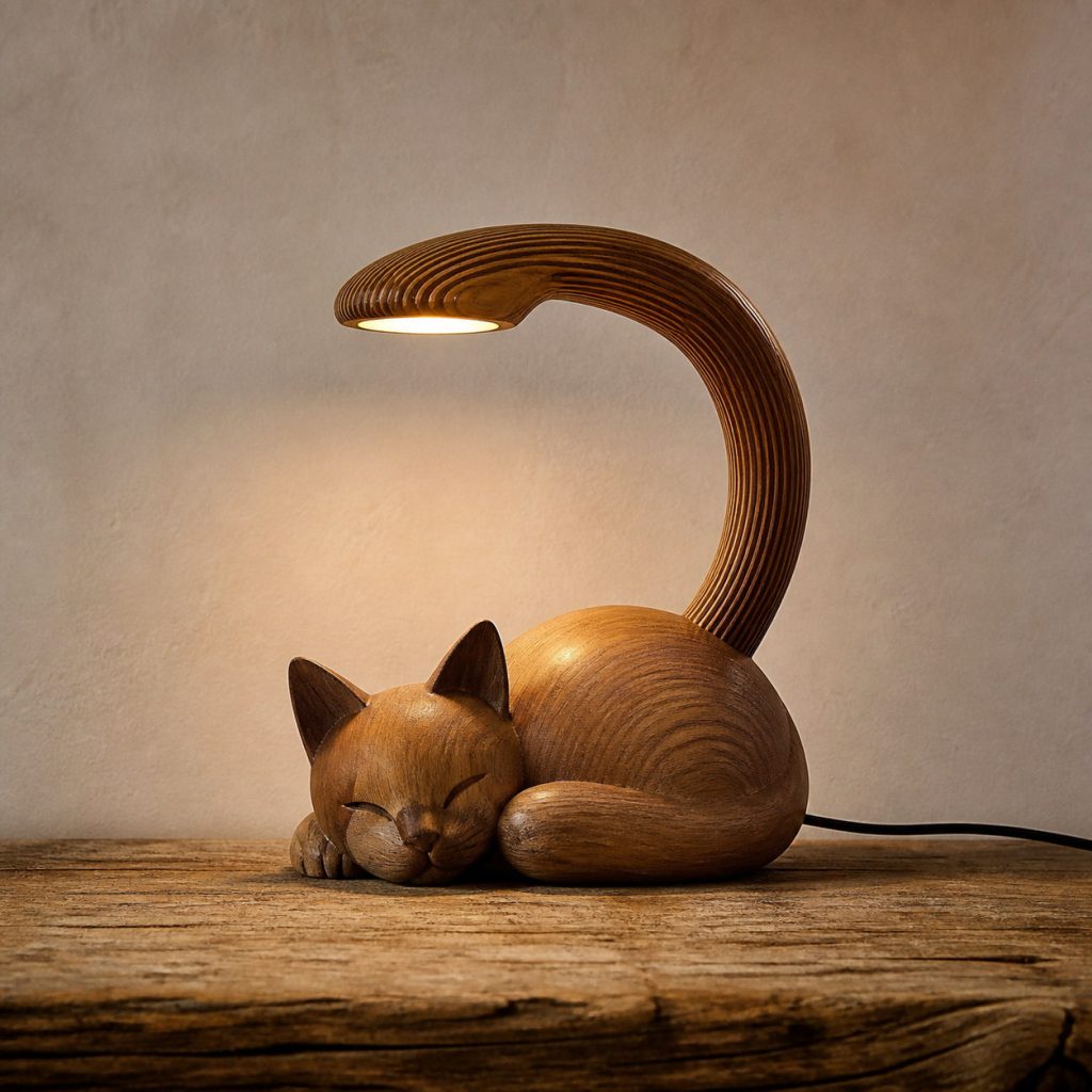 Curled-Tail Desk Lamp shown as an original square photorealistic wooden cat lamp with authentic wood grain, recognizable animal form, and warm diffused light