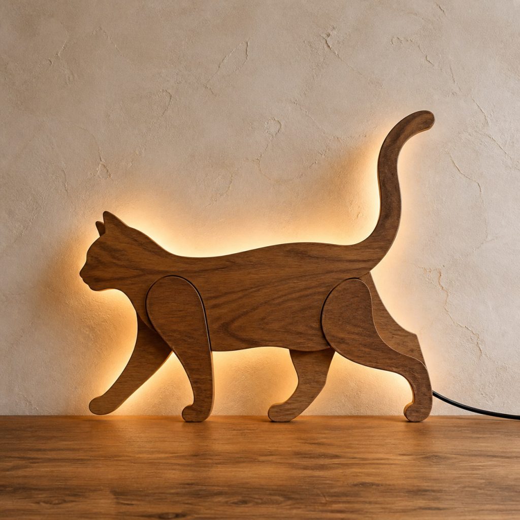 Walking Cat Wall Sconce shown as an original square photorealistic wooden cat lamp with authentic wood grain, recognizable animal form, and warm diffused light