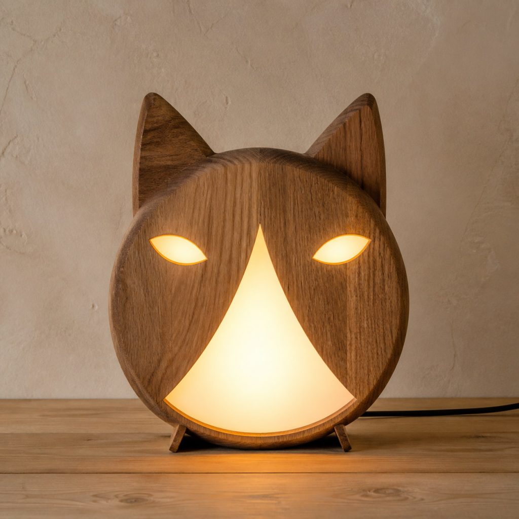 Cat Face Diffuser Lamp shown as an original square photorealistic wooden cat lamp with authentic wood grain, recognizable animal form, and warm diffused light