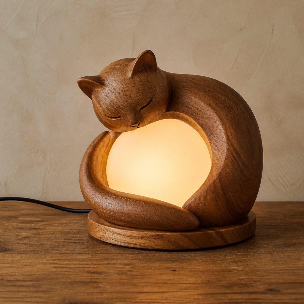 Sleeping Cat Orb Lamp shown as an original square photorealistic wooden cat lamp with authentic wood grain, recognizable animal form, and warm diffused light
